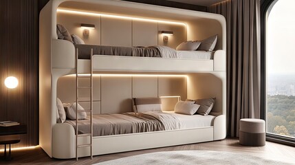 Wall Mural - Clean and modern bedroom with elegant bunk beds, featuring a minimalist design with soft lighting and neutral tones. The space exudes both functionality and style.