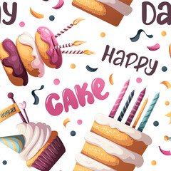 Wall Mural - Seamless pattern with cake, cupcake, birthday donuts. Birthday party, celebration, congratulations, invitation concept. Vector illustration.