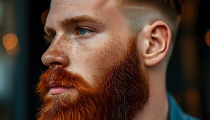 Wall Mural - Trendy Red Beard with Stylish Grooming, Freckles and Blue Eyes in Moody Lighting Perfect for Barber Shop Advertising and Grooming Concepts