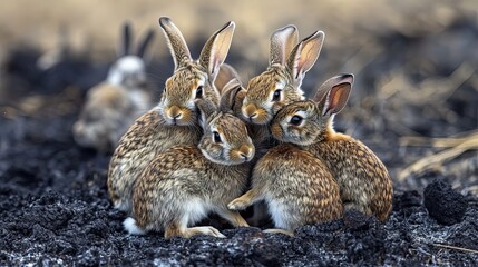 A group of young rabbits huddling together on charred ground