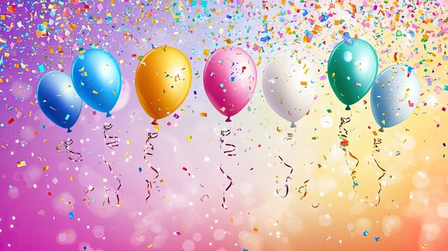 Colorful birthday background with festive balloons, confetti, and streamers. The lively and joyful design is ideal for birthday parties and invitations.