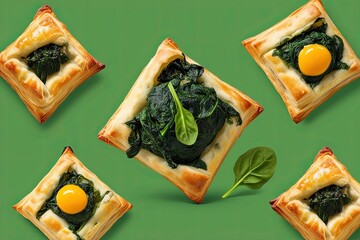 Gourmet Spinach Pastry Illustration Delicious Snack Isolated on Green Background