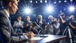 © Elena - Focused male speaker writing notes at conference table while surrounded by journalists and cameras