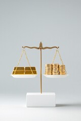 Poster - A conceptual image showing a balance scale with gold bars on one side and a diversified portfolio on the other, symbolizing the role of commodities in balancing investments. The background is