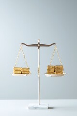 Poster - A conceptual image showing a balance scale with gold bars on one side and a diversified portfolio on the other, symbolizing the role of commodities in balancing investments. The background is