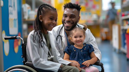 Wall Mural - Young multiracial doctor having fun with little girl on wheelchair