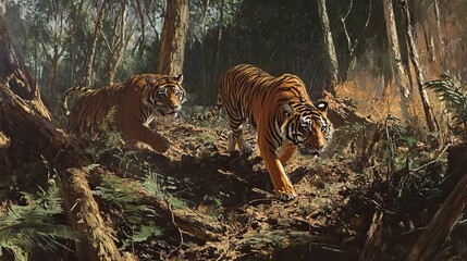 Canvas Print - Two Tigers Walking Through a Dense Forest