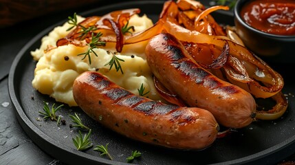 A plate of food with two hot dogs and mashed potatoes. The plate is black and the food is brown.Generative ai illustration