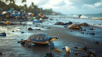 Poster - Sea Turtle Navigating a Beach Littered with Plastic Waste