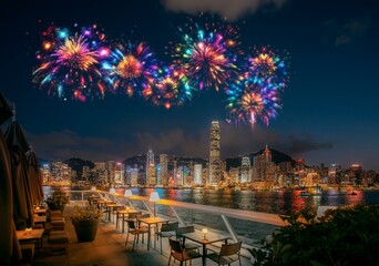 Poster - Nighttime view of Hong Kong skyline with fireworks over water and an outdoor patio with tables and chairs.