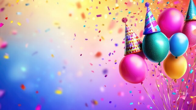 Fun birthday background with multicolored balloons, confetti, and party hats. The cheerful design adds a festive touch to any birthday celebration.