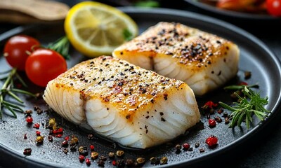 pan-seared cod fillet with lemon and rosemary