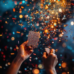 Poster - hands scattering sparkling confetti with colorful bokeh lights in the background, creating a festive