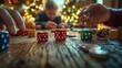 © AlexCaelus - Family playing board game with colorful dice on rustic wooden table, festive Christmas lights in background creating cozy holiday atmosphere.