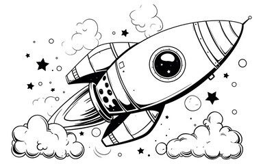 Wall Mural - space rocket flying past stars and clouds coloring book page clean line art fun space illustration c