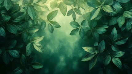 Wall Mural - Green Leaves in the Foggy Forest