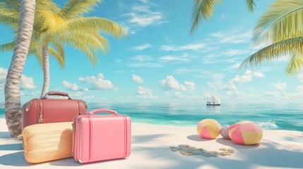 Summer vacation with suitcases and beach balls on a tropical beach.