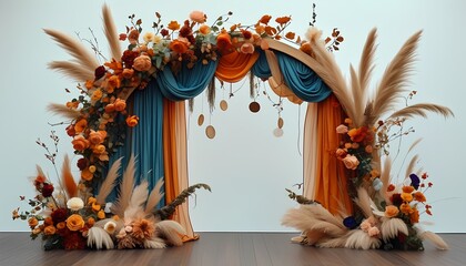 frame with flowers Boho-style event decoration arch backdrop with whimsical and creative design elements