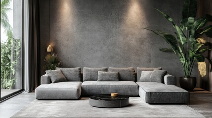 Grey sectional sofa with black marble coffee table in modern living room with concrete wall and large plant.