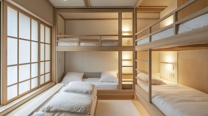 Wall Mural - Japanese-inspired minimalist bedroom with bunk beds. Wooden frames, soft neutral tones, and a clean, serene design evoke a sense of harmony and peace.