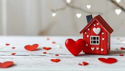 Charming Miniature Toy House Adorned with Red Hearts on a White Wooden Surface, Capturing a Romantic Valentines Day Atmosphere