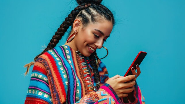 Young woman in colorful attire checks her phone against a bright blue background