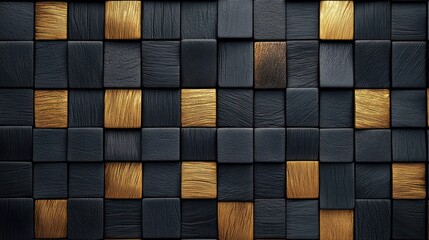 Sticker - Abstract wood block pattern with black and golden squares.