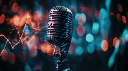 Wall Mural - Vintage microphone with blurred light background.