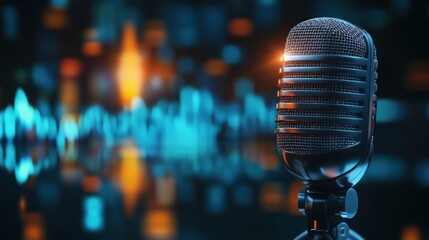 Wall Mural - Close-up of a vintage microphone in front of a blurred colorful background.