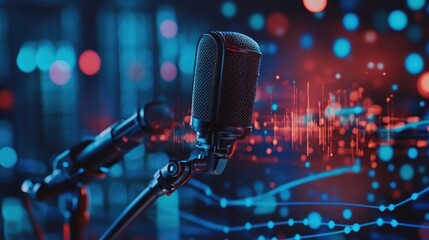 Wall Mural - Close-up of a professional microphone on a stand with a blurred background of colorful lights and sound wave patterns.