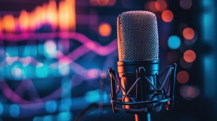 Wall Mural - Close-up of a professional microphone with a blurred background of colorful lights.