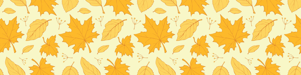Wall Mural - Seamless pattern falling leaves. Vector autumn yellow golden texture isolated, flat doodle style, outline. Concept of forest, leaf fall, nature, seasons
