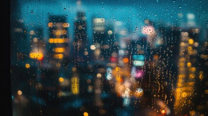 Wall Mural - Abstract city lights blurred through a rainy window.