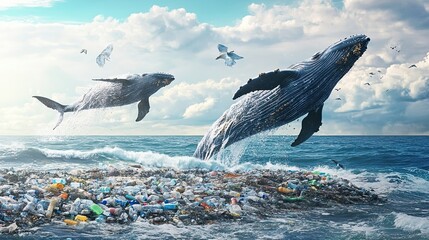 Sticker - Two Whales Leaping Over a Sea of Plastic Pollution