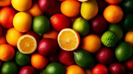 A vibrant assortment of fresh citrus fruits including oranges, lemons, limes, and grapefruits, highlighting their colorful and juicy appeal.