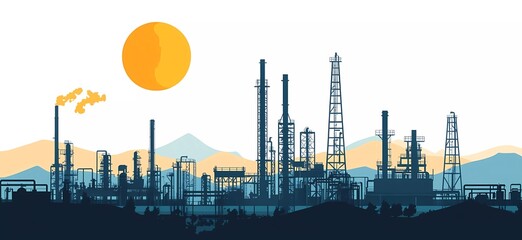 Vector flat illustration of an industrial plant with gas and oil production, silhouette vector, simple design, white background.