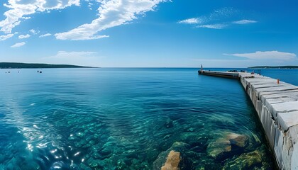 Scenic pier by the seashore with clear deep blue water and stunning harbor views