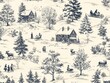 © Sinechana - 2408 28.A vintage-inspired Christmas Toile de Jouy seamless pattern featuring a winter snow scene with old-fashioned holiday elements, including ornate cottages, sleigh rides, and people gathering