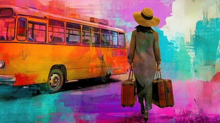 Sticker - A woman in a hat walks away from an orange bus with two suitcases in a vibrant, colorful, abstract painting.