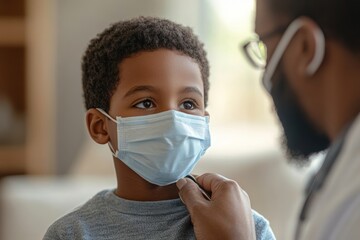 Wall Mural - African American doctor with face mask examining boy's throat during a home visit, Generative AI