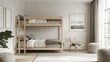 © Pricha.RT - Nordic-inspired bedroom with minimalist bunk beds, featuring light wood, neutral tones, and clean lines. The simple design creates a cozy, uncluttered space.