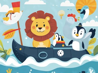 2408 98.A whimsical set of cartoon animals embarking on ocean adventures, featuring a lion captain, a penguin on a raft, and an elephant in a submarine. The colorful illustrations bring a sense of