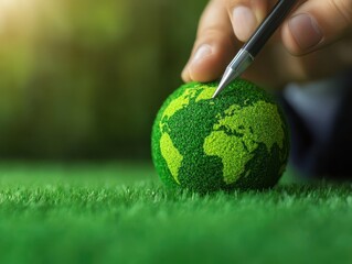 Hand Holding Pen Over Small Green Globe on Grass, Symbolizing Environmental Conservation and Sustainable Development