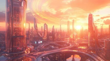 Wall Mural - A sprawling futuristic city with transparent buildings that change color depending on the angle of the light, all set against a swirling sunset.