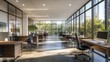 © Intach - Modern open office with expansive windows showcasing a vibrant city view, featuring sleek desks and bright natural lighting. 3D rendering.