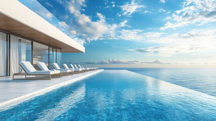 Modern pool with a view of the ocean and clouds on a sunny day.