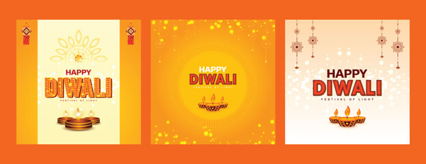 Happy Diwali three colour background design with flat oil lamp and light decoration wishing or greeting post or banner design vector file