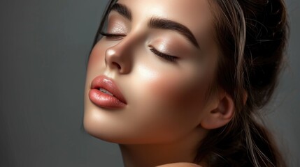 Woman with subtle smokey eye makeup, closed eyes, relaxed pose.