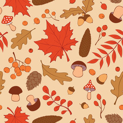 Seamless pattern falling leaves, acorns, cones, berries, mushrooms. Vector color bright red brown autumn texture, hand drawn in doodle flat style. Concept of forest, leaf fall, nature, thanksgiving