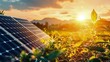 © weerasak - A solar panel stands amidst lush greenery, capturing sunlight during a vibrant sunset, symbolizing sustainable energy.